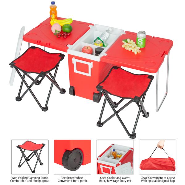 

outdoor picnic foldable multi-function rolling cooler upgraded stool red