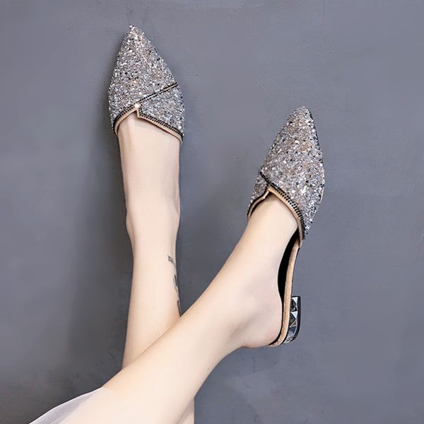 

square heel low cover toe slippers casual shoes slipers women slides female mule block luxury pointed 2020 mules soft pu hoof, Black