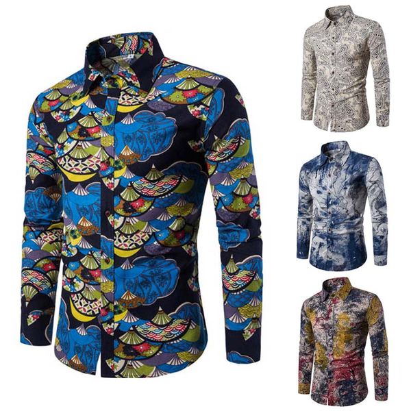 

men casual long sleeve square collar shirt business slim fit shirt print blouse eig88, White;black