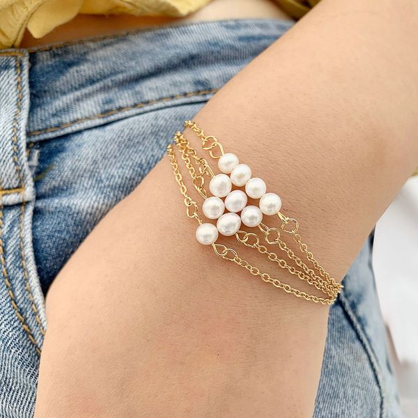 

double fair simply pearl bracelet for women minimalist style overlay wear bracelet light gold color fashion jewelry kah140, Black