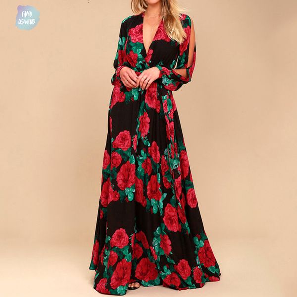 

festa women long dress bohemian rose printing v neck vestidos de summer fashion long sleeve dress, Black;gray