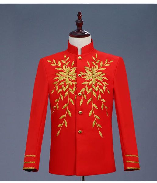 

men's classic stand collar wedding red blazer jacket 2020 stylish embroidery tuxedo blazer men host stage prom costumes, White;black