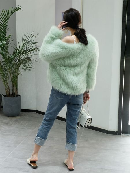 

women winter short fur coats and jackets knitted thick warm female outwear fluffy overcoat streetwear feminine real f, Black