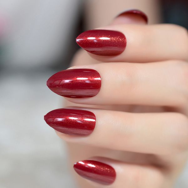 

uv press on nails stiletto shape red fake nails gel shine shimmer almond false 24, Red;gold