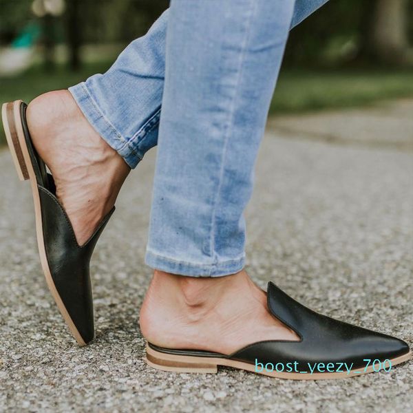 

size 34-41 ladies leather mules shoes women slippers summer flat slippers women shoes point toe outdoor slides zapatos de mujer b700, Black