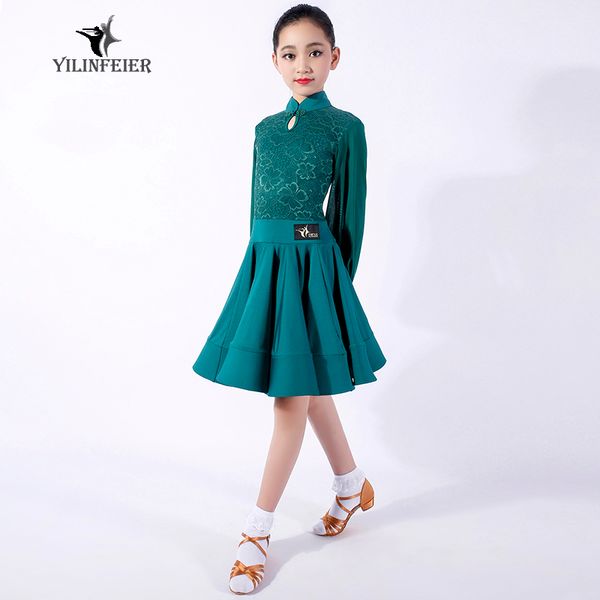 

latin dance costumes children's dresses cheongsam collar lantern sleeves, Black;red