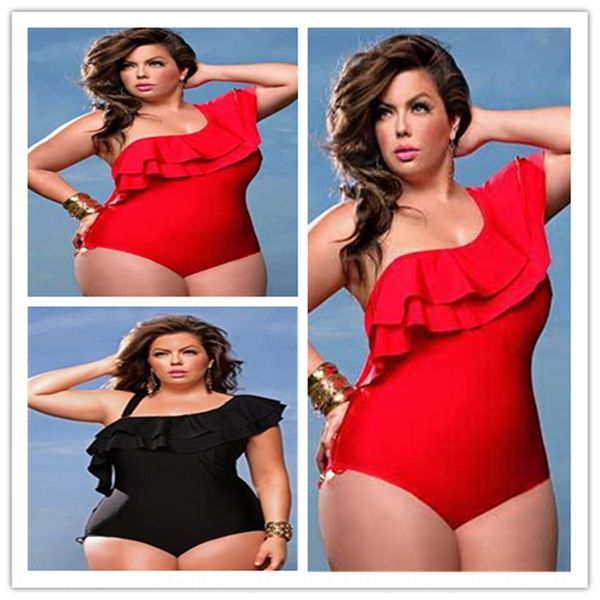 

lotus shoulder women's large size fat woman solid bikini swimsuit color single shoulder one-piece bikini swimsuit, White;black