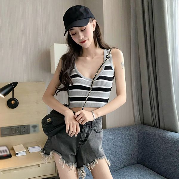 

women cotton open navel tank knitted camisole crop u neck open back striped summer, White