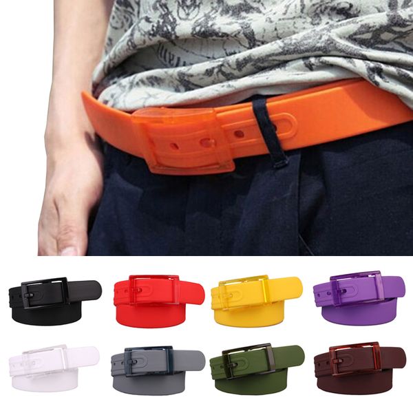 

candy colors jelly rubber plastic buckle belts adjustable women men silicone belt student jeans pants straps wristband, Black;brown