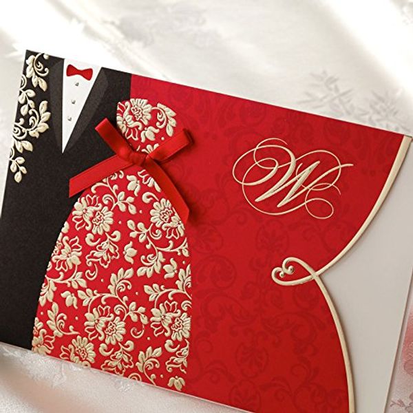 

wishmade red wedding invitations kit with bride & groom dress and red envelopes blank inserts cards ,customizable,100pcs/lot