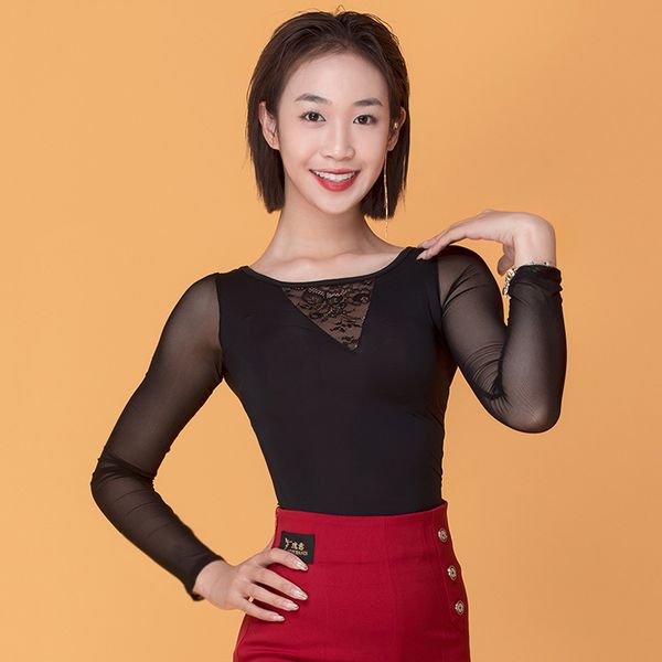 

latin dance shirts ladies black mesh long sleeve lace rumba cha cha samba tango dancing clothes women practice wear dn4941, Black;red