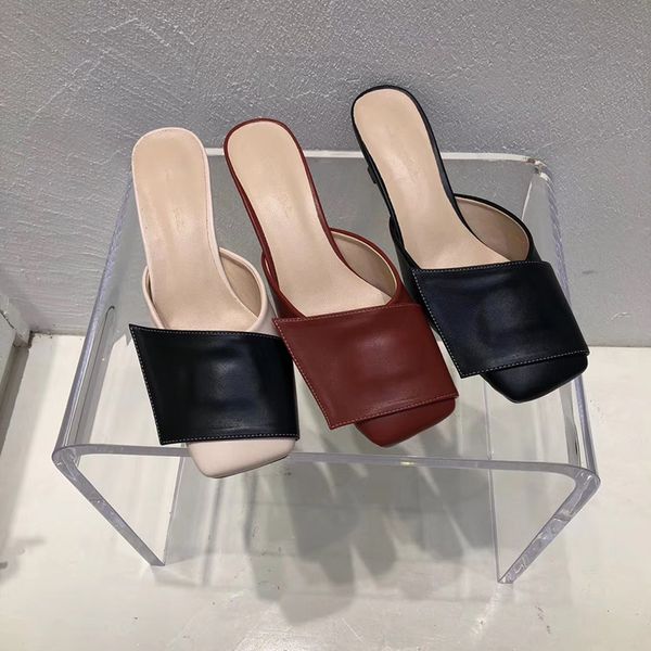 

fashion women slippers summer slides square toe mixed color thin high heels sandals slides slip on party shoes woman size 35-39, Black