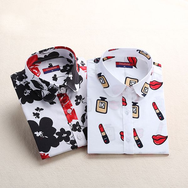 

dioufond women blouse cotton blusas long sleeve plus size ladies femme cute pattern turn-down collar women shirt fashion, White