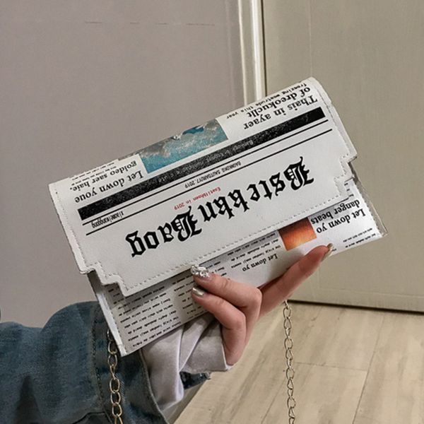 

pu oswego envelope bag women 2020 new personality inkjet newspaper clutch bags joker shoulder messenger bag chain evening bags