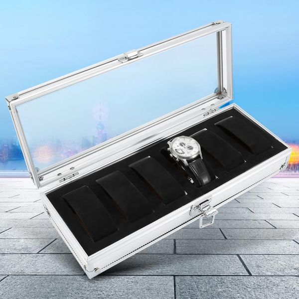 

aluminum rectangle watch jewellery display storage organizer box case new 1pc 6/12 grid slots elegant sliver watch case box, Black;blue
