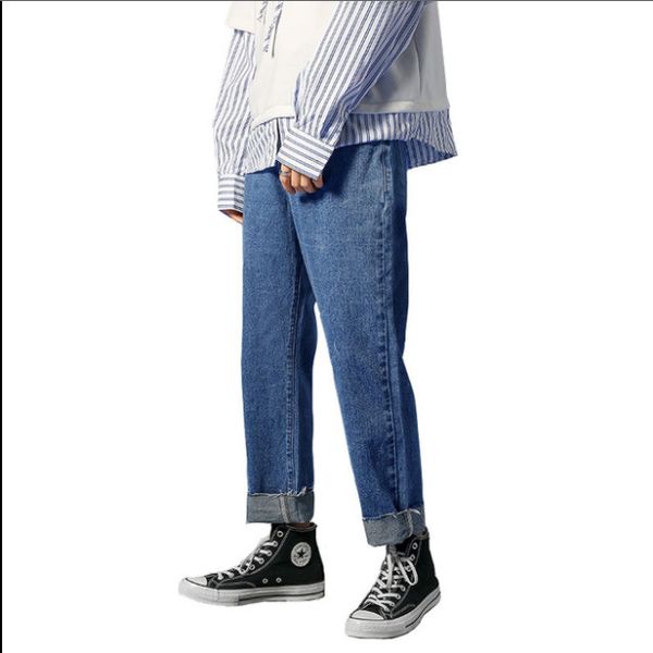 

ins casual jeans men's tide loose hong kong taste drop feeling wide leg straight nine points pants wild 1219, Blue