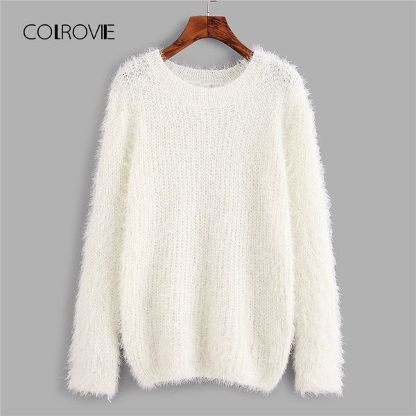 

colrovie workwear fuzzy chunky knit women white sweater 2018 autumn solid casual loose sweater cotton pullovers jumper, White;black