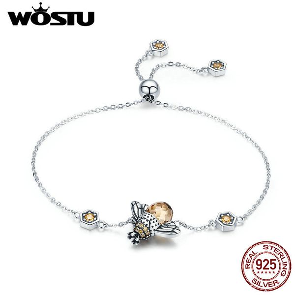 

wostu аутентичные 925 sterling silver crown honey bee chain link браслет для женщин большой камень кристалл браслет ювелирных подарков fib04, Black