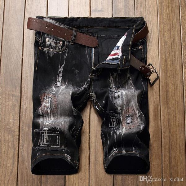 

men designer embroidery black denim shorts distressed short jeans bleached retro denim shorts big size 42 trousers jb9891, Blue