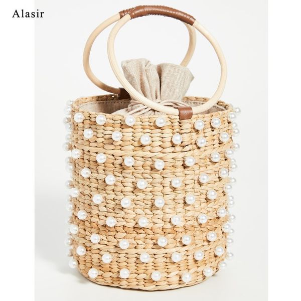 

alasir casual bucket bag straw woven ladies fashion diagonal pearl bag rattan handmade summer vacation handbag women