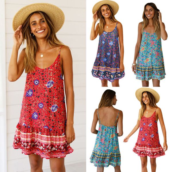 

2019 новый горячий пляж летний женщин цветочные рукавов повседневный партии вечера vintage boho платья макси, Black;gray