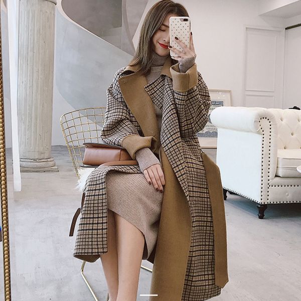 

ewq] double breasted long sleeve plaid leisure oversize modern lady slim woolen coat korea khaki overcoat woman winter ql065, Black
