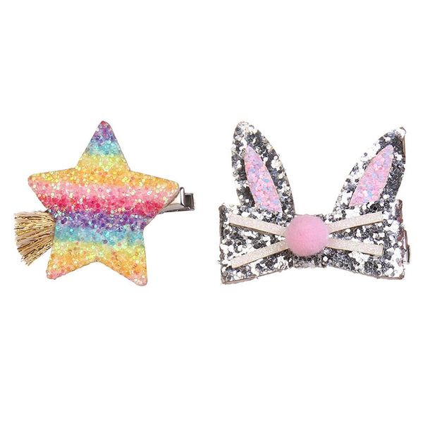 

children hair clips onion sequins pentagonal stars cute ears girls hairpin gradient rainbow color word side clip, Slivery;white