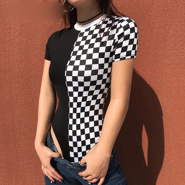 

bodysuit women checkered short sleeve womens bodysuit patchwork black polyester checkerboard femme skinny plaid fashion body suits, Black;white
