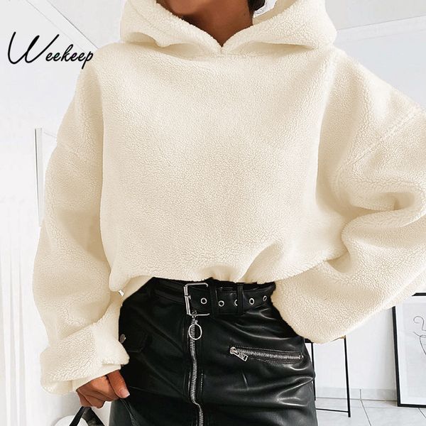 

weekeep faux fur hooded warm autumn winter hoodies casual loose long sleeve pullover sweatshirt hoodie, Black