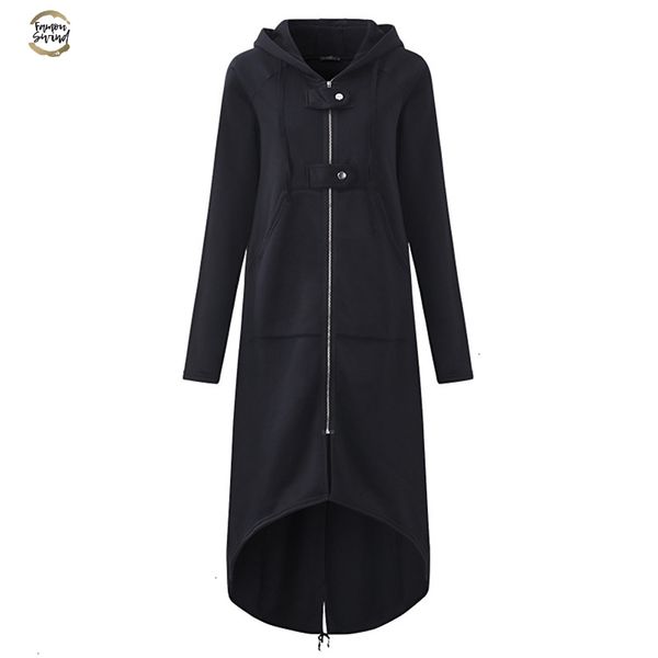 

2019 autumn solid hooded long sleeve zip sweatshirt hoodies coat women solid long jacket irregular hem black outwear plus size, Black;brown