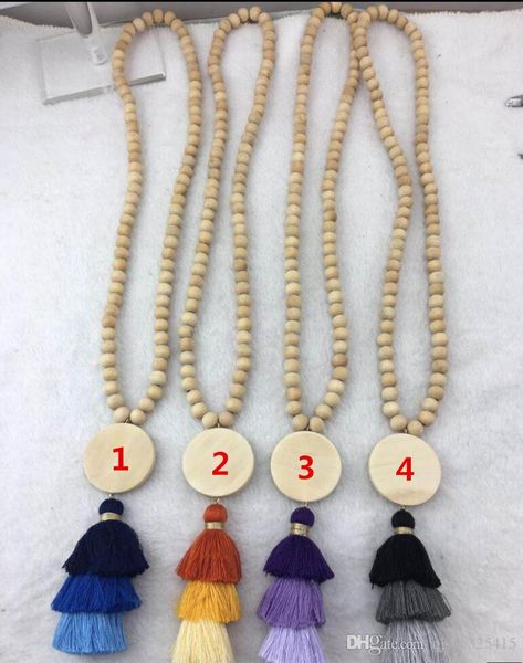 

wholesale multilayer tassel with monogram wooden disc tassel necklace, Silver