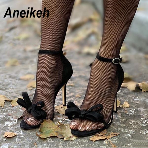 

aneikeh new fashion sandals thin high heels women butterfly-knot buckle black faux suede open toe gladiator dress sandals