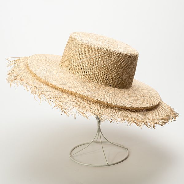 

custom luxury semi finished natural bao straw boater hat with flat fringed brim