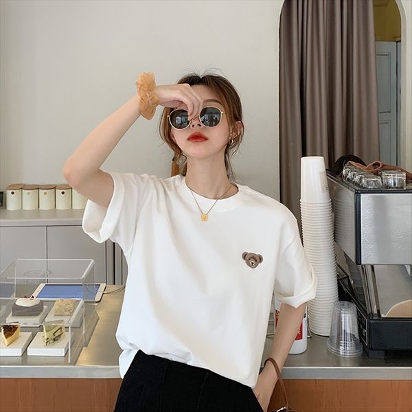 

summer 2020 cartoon bear embroidery slim lazy loose female summer 2020 short-sleeved cartoon bear embroidery t-shirt slim lazy loose short-s, White