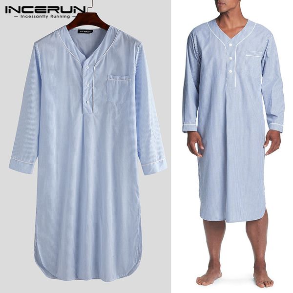 

incerun men fashion striped sleep robes long sleeve v neck buttons nightclothes man casual pockets breathable pajama bathrobes 7, Black;brown