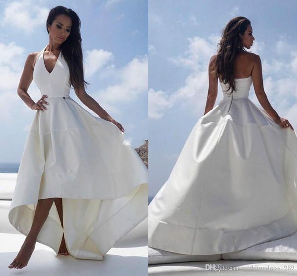 

elegant high low halter wedding dresses beach african satin bridal gowns hi-lo vestido de novia wedding dress plus size, White