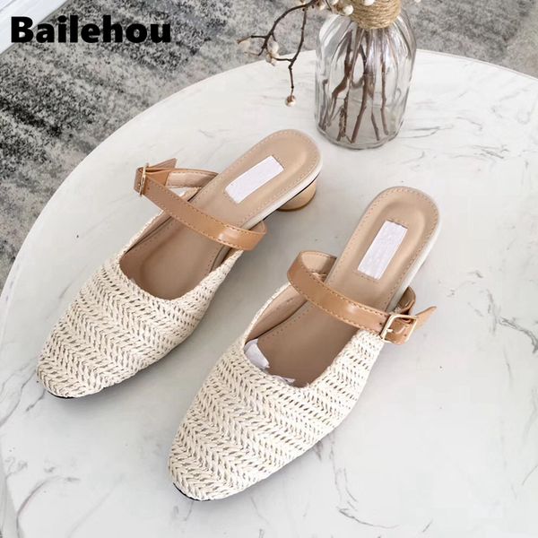 

bailehou 2019 women mules slippers fashion round toe weave mules shoes flat slides slip on outside beach flip flop shoes, Black