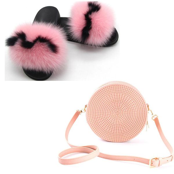 

women's rainbow bag set street furry fluffy fur slippers ladies fashion jelly bag with fur slides vacation plush flat shoes hot, Black