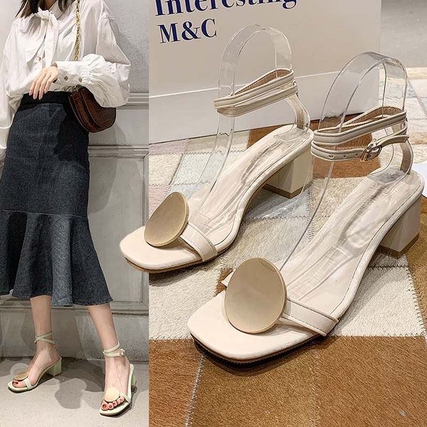 

female sandal block heels med 2020 summer comfort shoes for women beige heeled sandals shallow mouth buckle strap ladies chunky, Black
