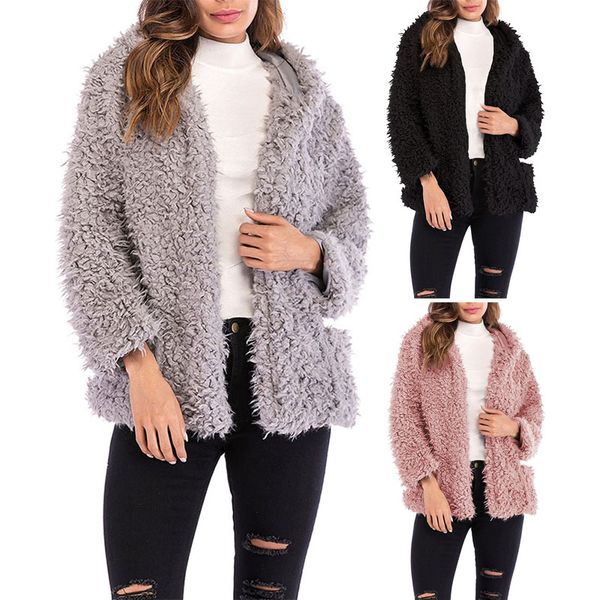 

women hooded short coat casual long sleeve loose faux shearling zipper warm cardigan jackets -opk, Black