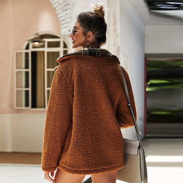 

2019 women coat warm autumn winter jacket plaid lapel button down pocket fashion retro coat, Black;brown
