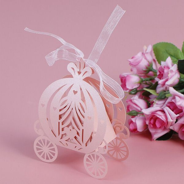 

50pcs/lot laser cut pumpkin carriage wedding candy favor box,pearl color paper candy box for baby shower birthday gift wrapping