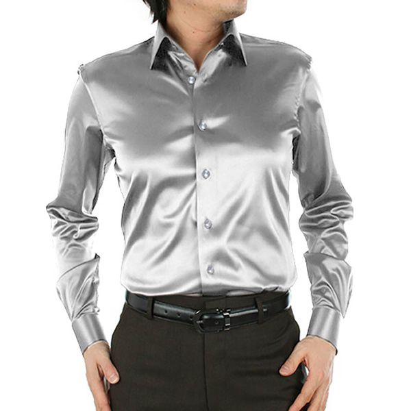 

mens shirt long-sleeved satin silk pure color silver, White;black
