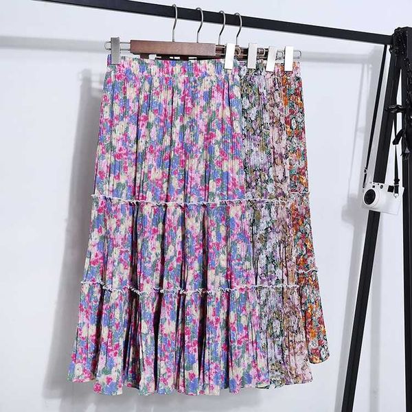 

tingyili summer floral skirt women vintage high waist pleated long skirt korean elegant ladies ruffle, Black