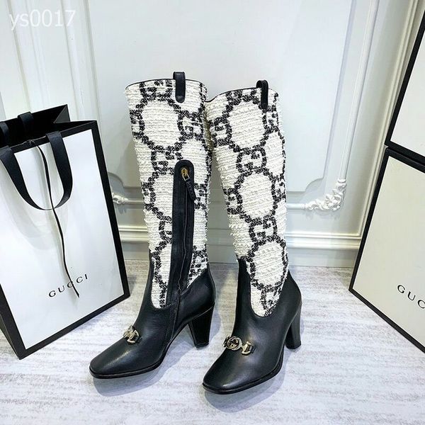 

2020 autumn and winter european station fashion boots high-heeled women's boots side zipper colorblock stripe matching with ms. knight, Black