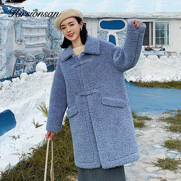 

hirsionsan long lambswool jacket coats winter women lapel slim thicken lady solid color parkas fur wool clothes female outercoat, Black