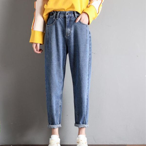 

new women 93% cotton high waisted high street boyfriend style jeans in 3 colors plus size 26-32 blends pencil denim pants, Blue