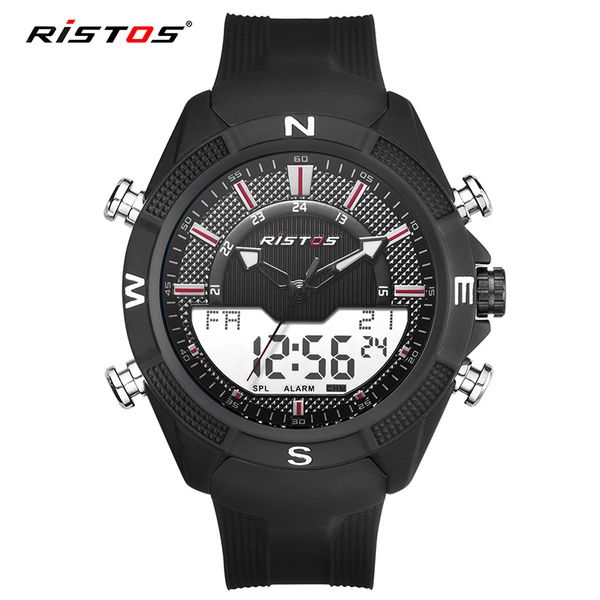 

ristos casual men quartz watch fashion chronograph multifunction man sports watches silicone male dual wristwatch 9365, Slivery;brown
