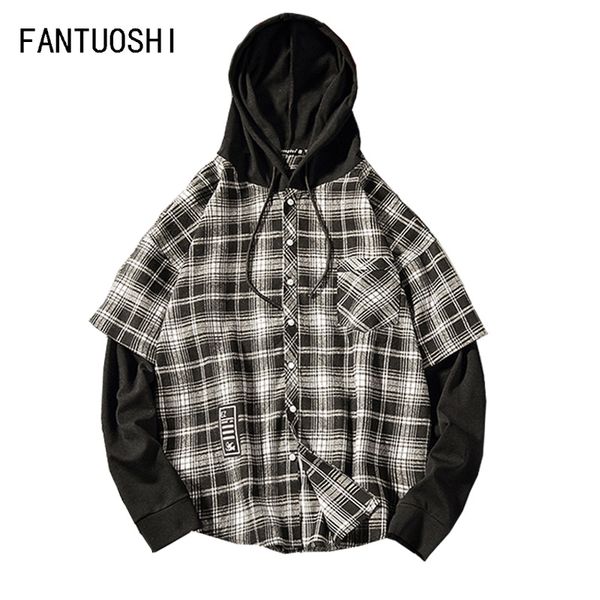 

men plaid shirt spring casual men's shirts with long sleeves slim fit plus size cotton social hooded single-breasted men's shirt, White;black
