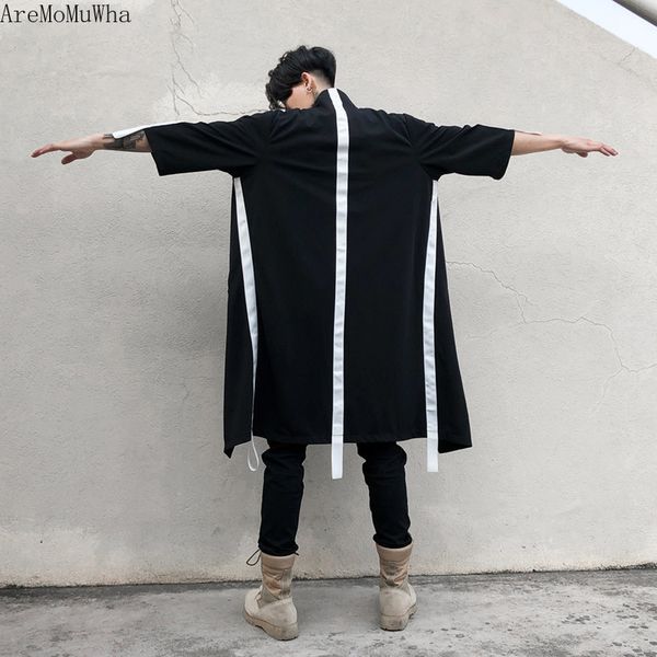 

aremomuwha autumn ribbons decoration men's long section windbreaker hair stylist tide male youth loose five-point sleeve qx1070, Tan;black